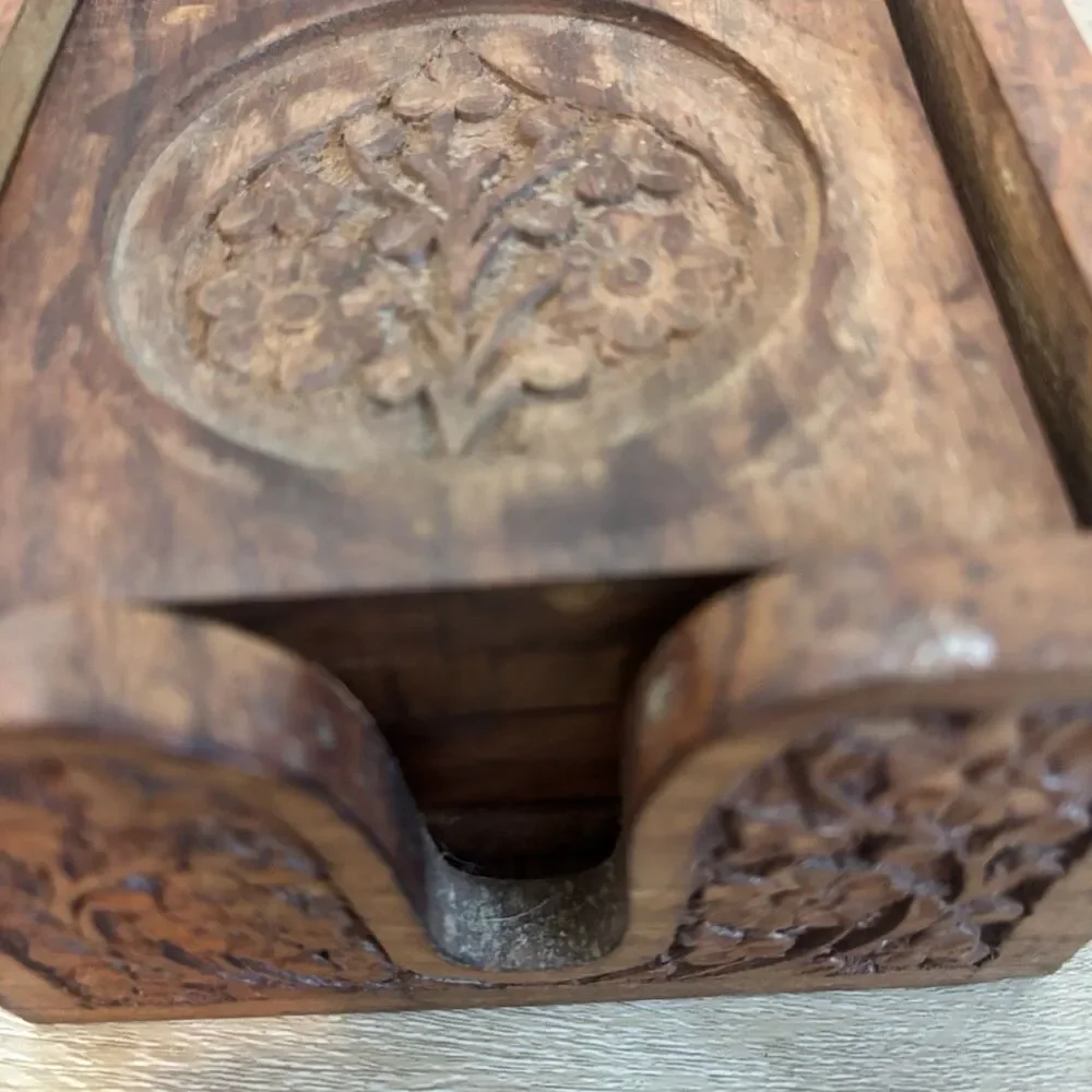 Vintage Hand Carved Wood Coaster Set Caddy Floral Leaf Indian Wooden Drink Mat